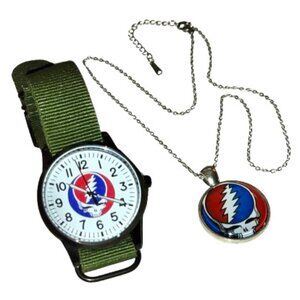 Ltd Edition Grateful Dead Watch Green Band Silver Cabochon Charm Necklace Set